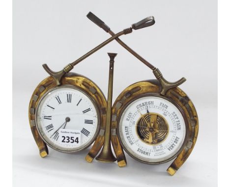 Clock and barometer compendium of equestrian interest, the 3.25" white dials within horseshoe frames either side of a hunting