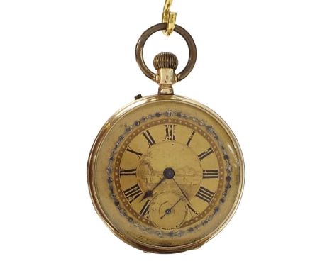 14k cylinder engine turned pocket watch, 6 jewels, the gilt dial engraved with a landscape, no. 16639, 71.5gm, 46mm
