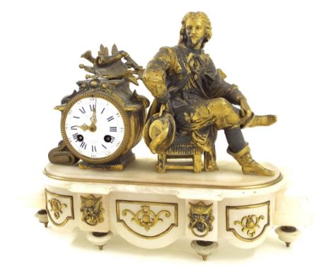 Alabaster and gilt metal two train mantel clock, the movement with outside countwheel striking on a bell, the indistinctly si