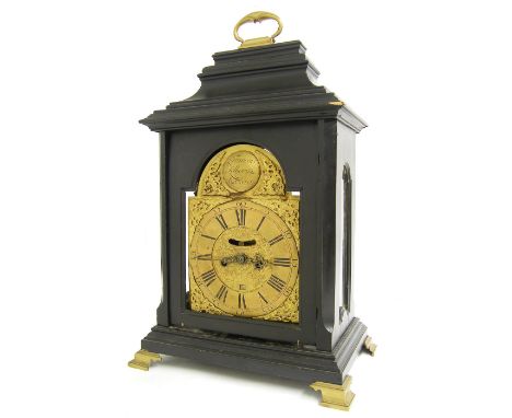 Ebonised double fusee verge bracket clock, the five pillar movement with foliate engraved back plate, the 7" brass arched dia