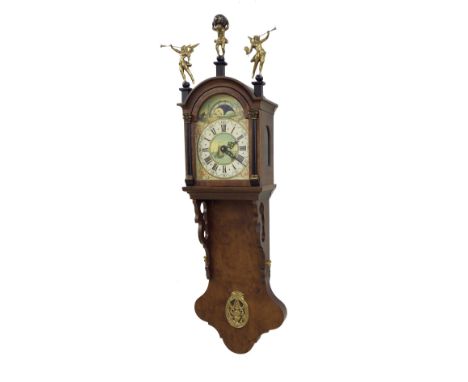 Contemporary Dutch burr walnut double weight wall clock, the 7" painted arched dial with moon phase aperture to the arch, wit