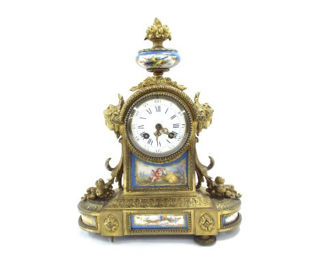 French gilt metal porcelain panelled two train mantel clock, the Japy Freres movement striking on a bell, the 3.25" convex en