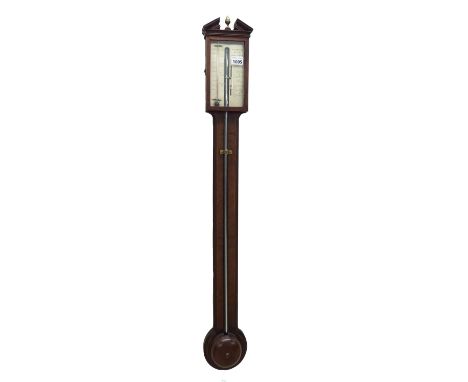 English mahogany stick barometer, the silvered scale signed Tarone Fecit, Bristol over a flat canted trunk inlaid with boxwoo