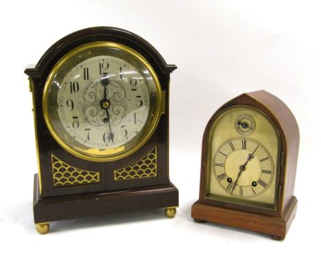 Mahogany single fusee bracket clock, the 6.25" silvered dial within a rounded arched stepped case, 14.75" high (pendulum and 