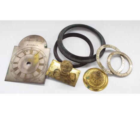 Small quantity of clock fittings including; 5" silvered arched bracket clock dial signed Edmund Martin, London, two further d