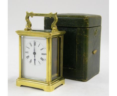 Carriage clock timepiece, the movement back plate signed R &amp; Co, Made in Paris within a corniche brass case, 5.5" high; a