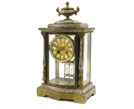 French brass and cloisonne four glass two train mantel clock, the Marti &amp; Cie movement striking on a gong, the 3.5" gilt 