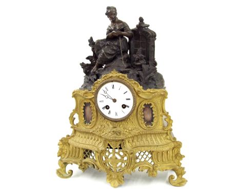 Gilt metal and spelter two train figural mantel clock, the Vincenti movement with outside countwheel striking on a bell, the 