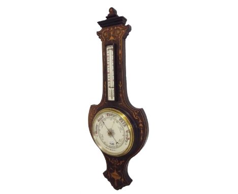 Edwardian walnut and boxwood inlaid aneroid barometer/thermometer, the 8" circular white dial within a shaped case
