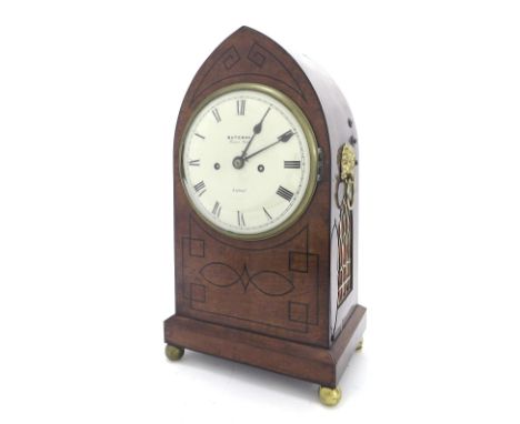 English mahogany double fusee lancet mantel clock, the movement striking on a large bell, the 7" convex cream dial signed Bat