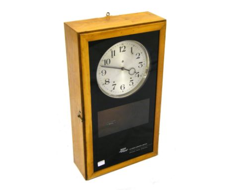 Phuc Patron Sincro-Matic electric clock, the 8.5" silvered dial within a light wooden and blackened glazed case with clear pe