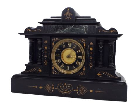 Black slate and green marble two train mantel clock striking on a bell, the 4.5" black slate dial enclosing a recessed gilded