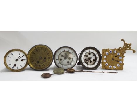 Five various old French circular movements in need of restoration, also three mantel clock pendulums (8)