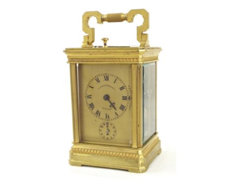 Repeater carriage alarm clock striking on a gong, the principal dial signed T. Kirkpatrick &amp; Co, New York over a subsidia