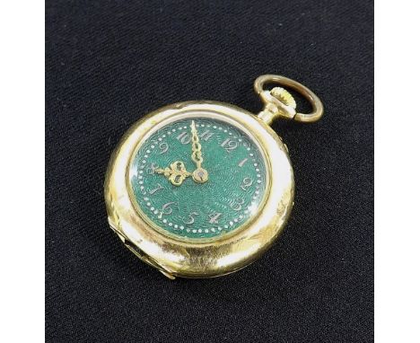Swiss 14k cylinder fob watch, 15 jewel movement, the green enamel dial with Arabic numerals, the case back engraved with an o