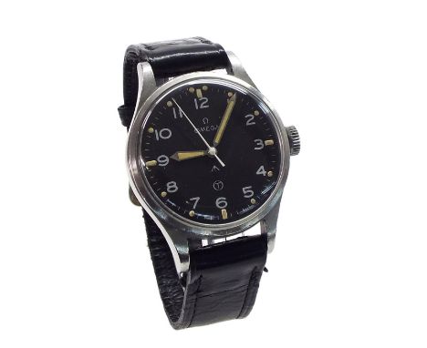Omega RAF issue stainless steel gentleman's wristwatch, circa 1953, reference 2777-1, original black dial with Arabic numeral