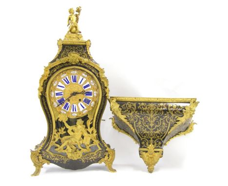 Boulle two train bracket clock and matching bracket, the Japy Freres movement with outside countwheel striking on a bell, the