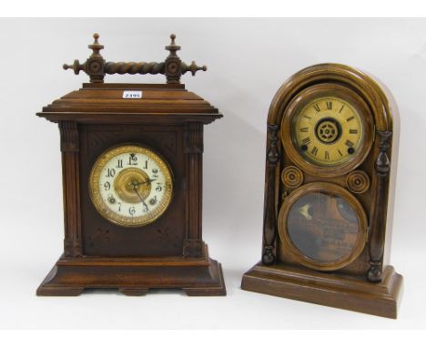 Ansonia two train mantel clock, the 4.5" cream chapter ring within an architectural stepped case, 16" high (pendulum); also a