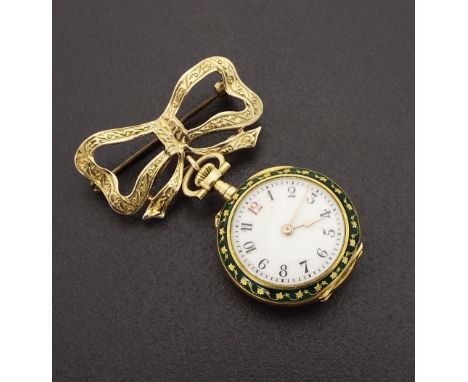 Attractive 18k enamel bar cylinder fob watch, gilt bar movement, the dial with Arabic numerals, within a fine green enamel an