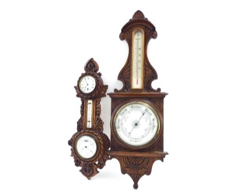 Walnut cased clock/barometer with thermometer, the principal 4.5" white barometer dial within a pierced and foliate carved ca