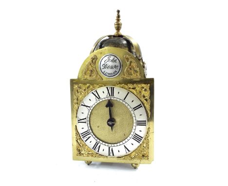 Small verge lantern clock, the 4.25" later brass arched dial signed John Dewe, London on a silvered boss to the arch (weight)