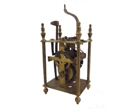 English brass lantern clock movement, the 9" square brass engraved dial signed John Dorset, with single iron hand (no doors, 