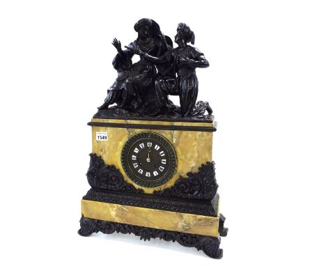 French sienna marble and bronze two train figural mantel clock, the movement with outside countwheel striking on a bell, the 