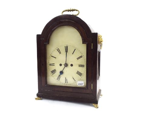 Mahogany double fusee bracket clock striking on a bell, the 8.5" painted arched dial within a stepped arched case surmounted 