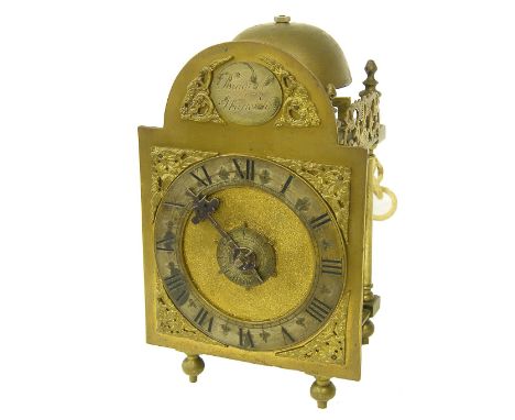 Small English brass verge lantern clock, the 5" brass arched dial signed Biggin, Harwich on a silvered plaque to the arch, th