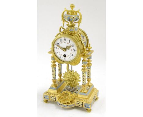 Small French gilt metal and cloisonne mounted portico mantel timepiece, the 2.25" white dial within a drumhead casing support