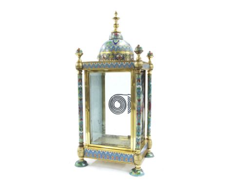 Good cloisonne and porcelain panelled four glass mantel clock case for the Middle Eastern market, the pillared case surmounte