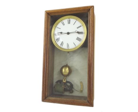 Oak cased Brillie style electric wall clock, the 6" convex white dial within a glazed case with white marble back, 17.5" high