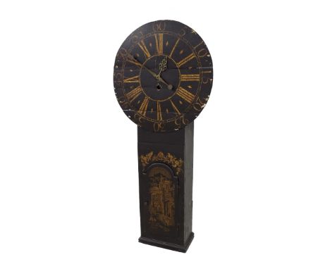 Early black lacquer and chinoiserie gilded tavern clock, the 24" dial over a long trunk with rounded arched door, 56" high (t