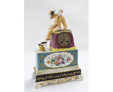 French painted porcelain two train mantel clock, the movement with outside countwheel striking on a bell, the 2.25" silvered 