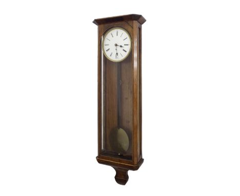 Walnut single weight Vienna regulator wall clock converted to a quartz movement, the 6.5" white dial within a glazed case, 37