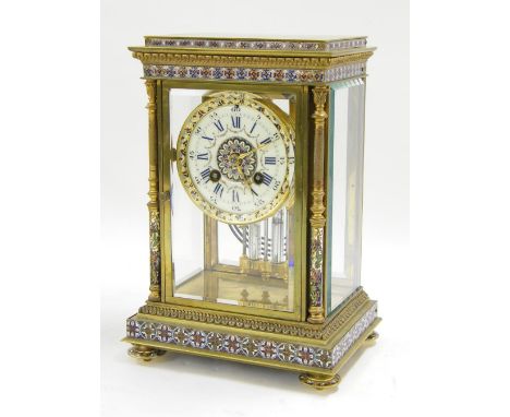 Good French brass and cloisonne inlaid two train four glass mantel clock, the S. Marti movement striking on a gong, the 3.5" 