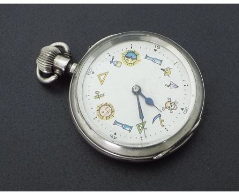 Continental lever pocket watch, the dial painted with Masonic devices within an engine turned case, 51mm