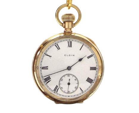 Elgin gold plated lever pocket watch, circa 1920, no. 23835406, clean engine turned case, 49mm