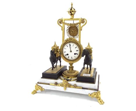 Unusual French gilt metal and marble two train drumhead mantel clock, the movement with outside countwheel striking on a bell