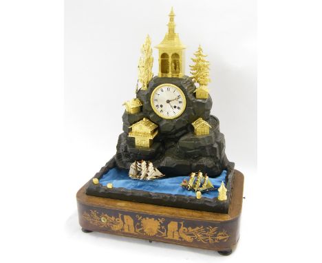 French bronze and ormolu two train automata mantel clock, the movement back plate bearing the maker's trademark logo (PC with