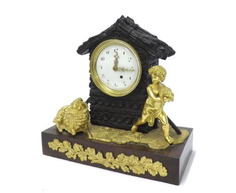 Good bronze and ormolu single fusee figural mantel clock, the 3.5" convex dial within a gabled building behind playful putti 