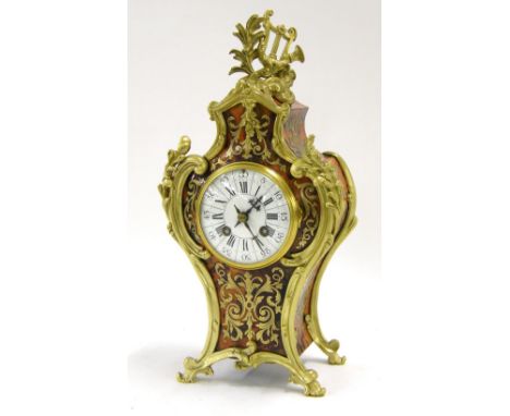 Small boulle two train mantel clock, the S. Marti movement striking on a gong, the 3.5" enamel dial within a balloon shaped c