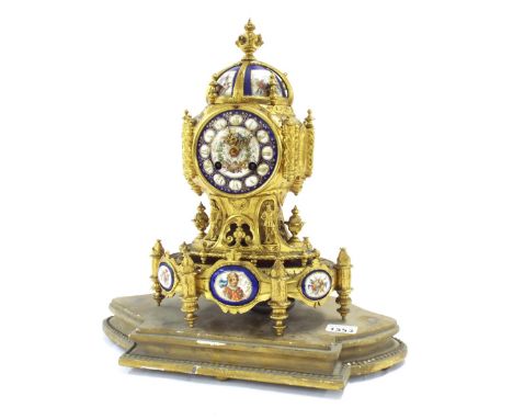 Gilt metal and porcelain two train mantel clock, the Vincenti movement with outside countwheel striking on a bell signed Rain