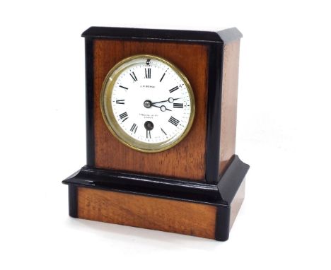 Walnut and ebonised single train mantel clock timepiece with A.D. Mougin movement, the 3.25" white dial signed J.W Benson, Lu