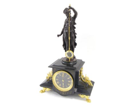 French bronzed and black marble two train figural mystery mantel clock, the movement with outside countwheel striking on a be