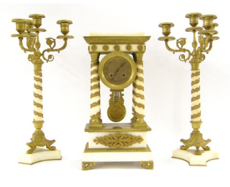 Empire style white marble and ormolu two train portico mantel clock garniture, the 3.25" gilt engine turned dial within a pil