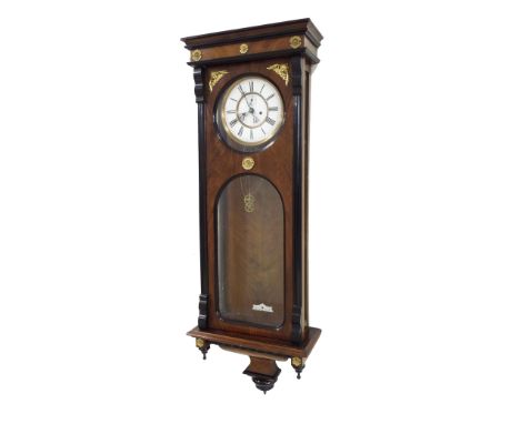 Walnut and ebonised double weight Vienna regulator wall clock, the 7" white dial with subsidiary seconds dial within a glazed