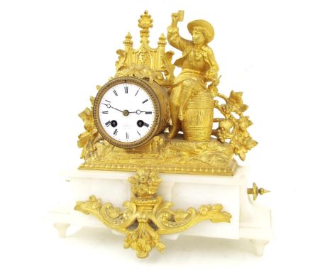 Gilt metal and alabaster two train figural mantel clock, the Japy Freres movement with outside countwheel striking on a bell,