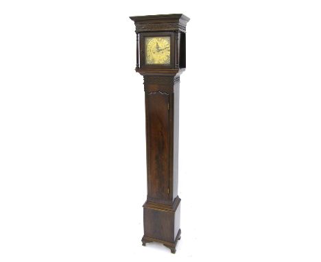 Attractive mahogany grandmother clock, the 7" square brass dial with Roman numeral chapter ring and cherub spandrels, twin fu