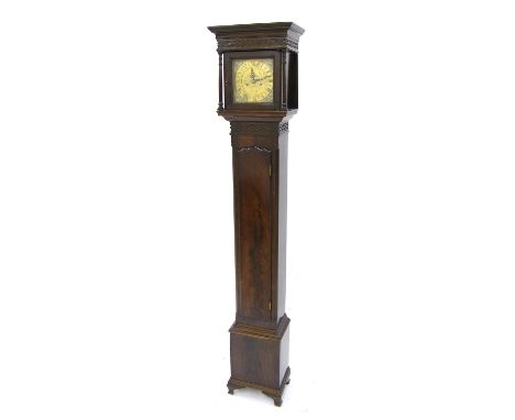 Attractive mahogany grandmother clock, the 7" square brass dial with Roman numeral chapter ring and cherub spandrels, twin fu